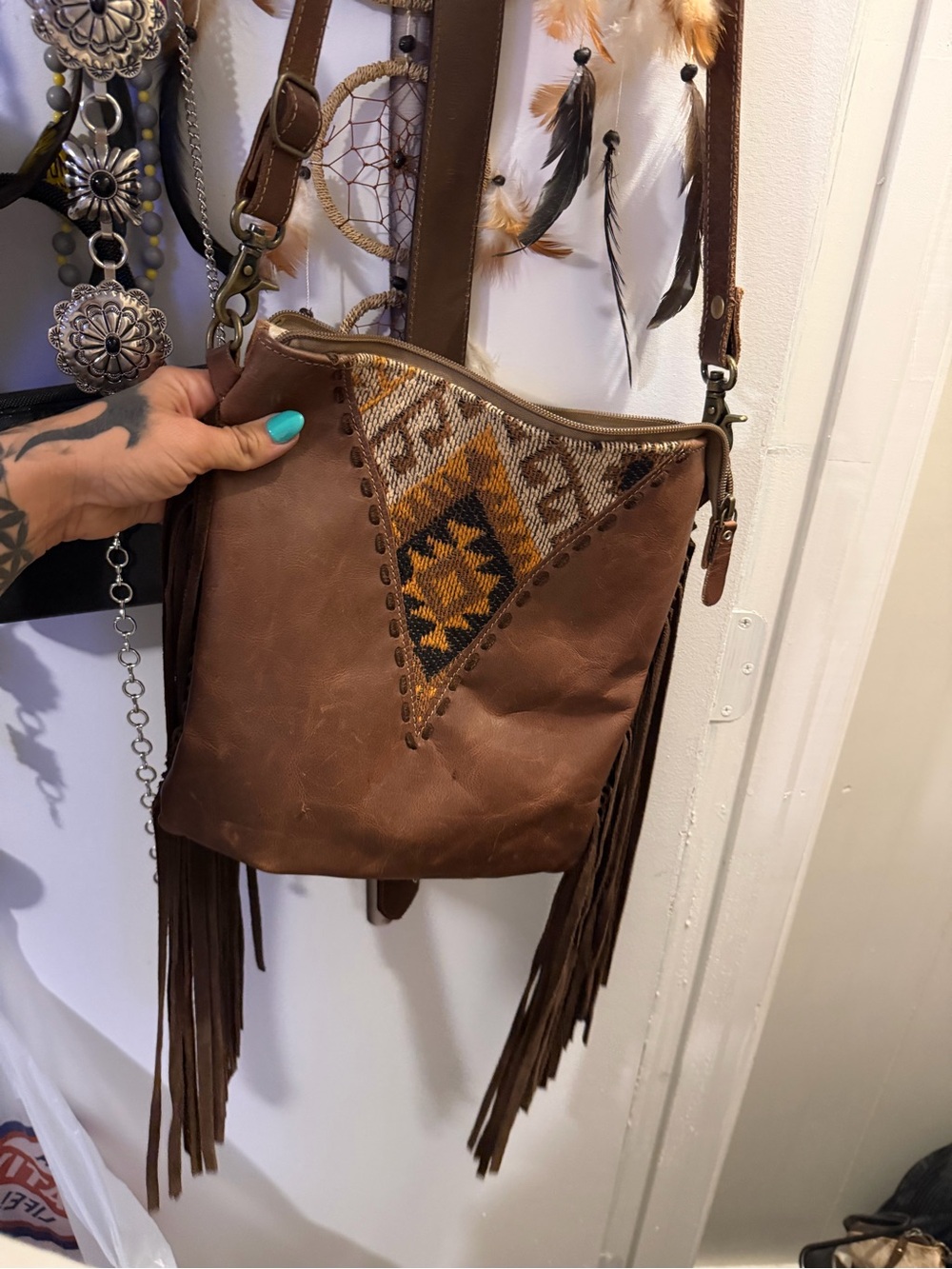 Myra Bag Brown Leather Crossbody with Aztec Woven Accent and Fringe